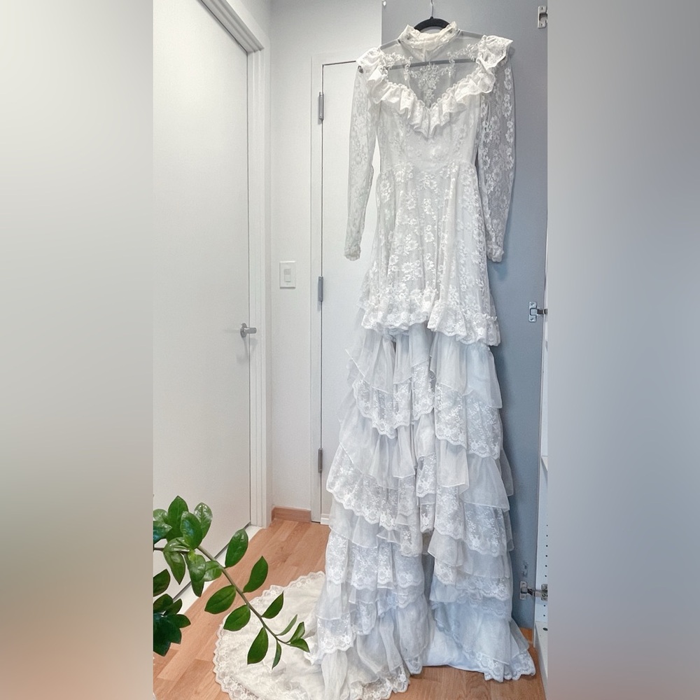 Vintage High Neck Lace & Pearl Layered Wedding Dress
